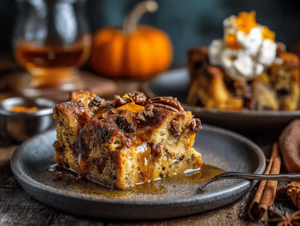 Halloween pumpkin bread pudding preparation steps